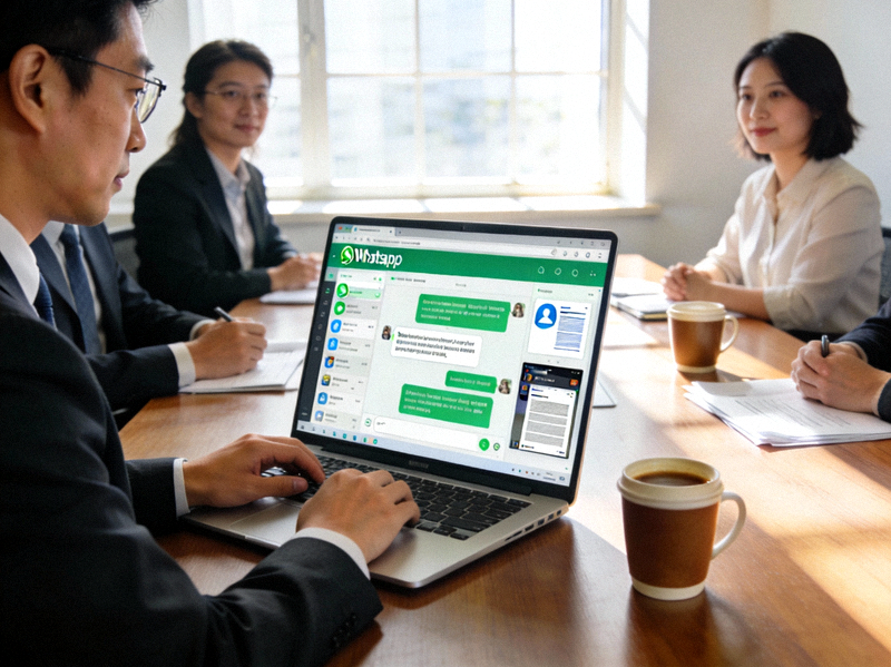 商务人士在会议室使用笔记本电脑展示WhatsApp网页版中的聊天记录和文件